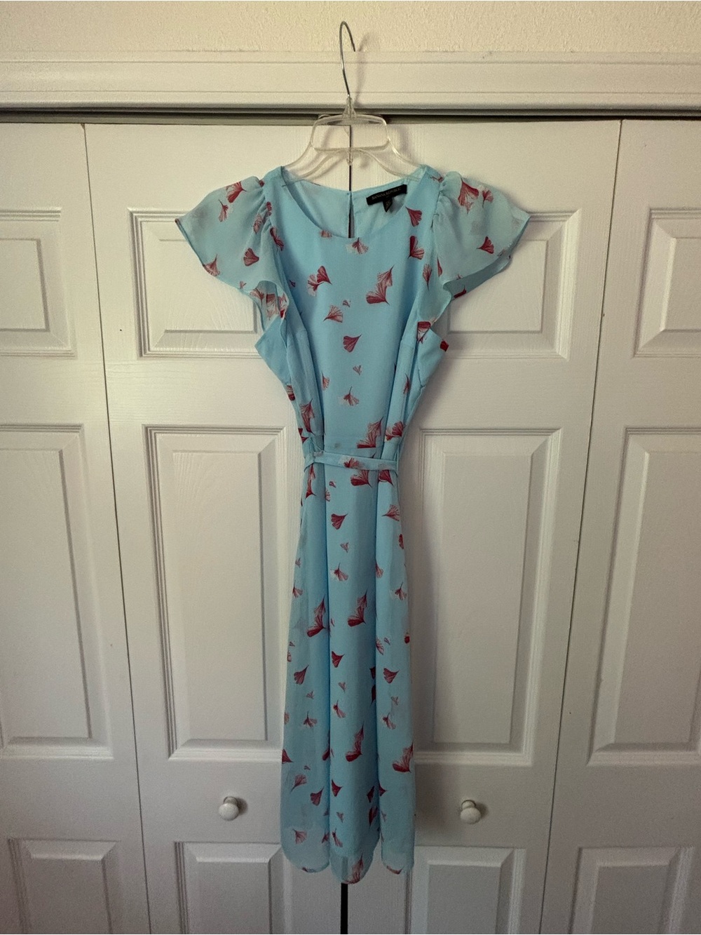 Light Blue Floral Print Flutter Sleeve Dress